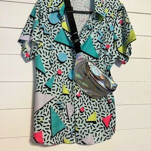 Geometric Pattern Shirt with Holographic Fanny Pack